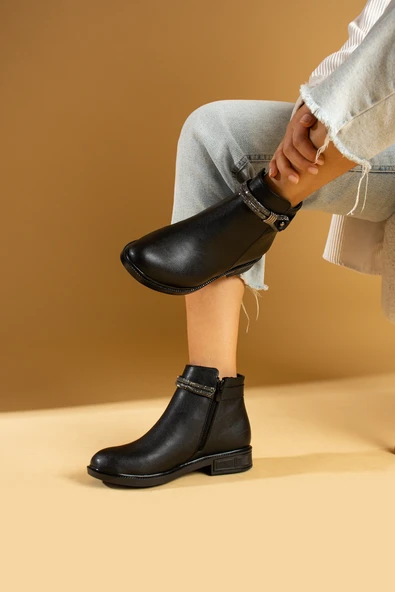 Pembe Potin Taş Aksesuarlı Fermuarlı Sıcak Astar Kadın Bot&Bootie 57-0101-23Cilt - Resim 9