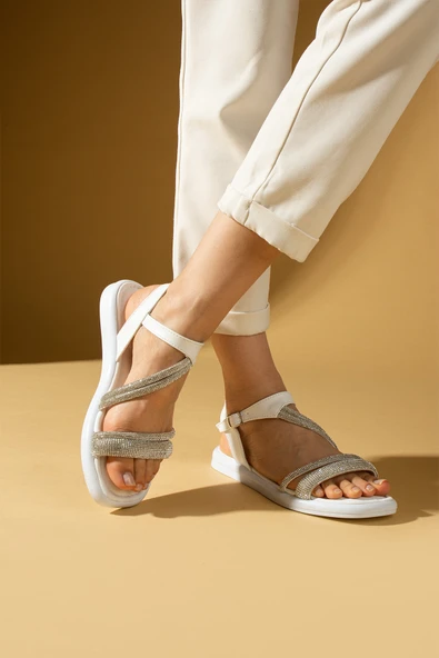 Pembe Potin Taş Detaylı Rahat Taban Tokalı Kadın Sandalet 57-287-24 - Resim 7