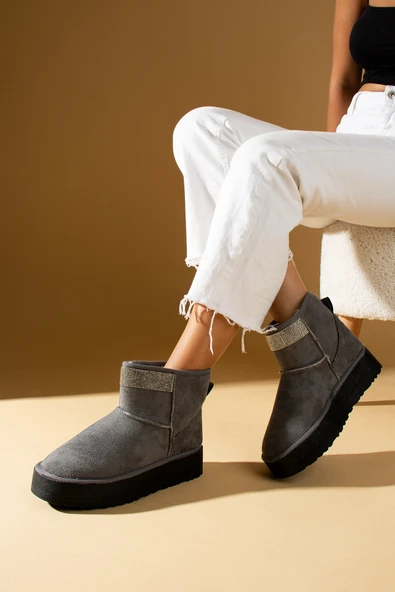 Pembe Potin Parlak Taşlı İçi Peluş Kalın Taban Mini Kadın Bot & Bootie 007-1995-23Süet - Resim 8