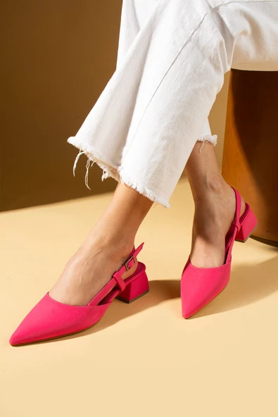 Pembe Potin Sivri Burun Saten Kumaş Slingback Kadın Topuklu Ayakkabı 87-151-25Saten - 12