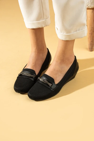 Pembe Potin Taş Detaylı Triko Comfort Taban Kadın Babet 025-26-24Keten - 3