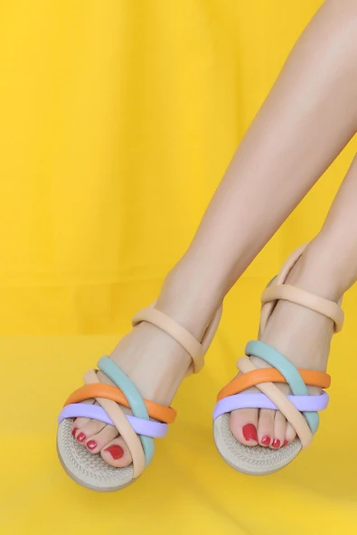 Pembe Potin Çapraz İnce Bant Rahat Taban Kadın Sandalet 41-25-22NutLila - Resim 5