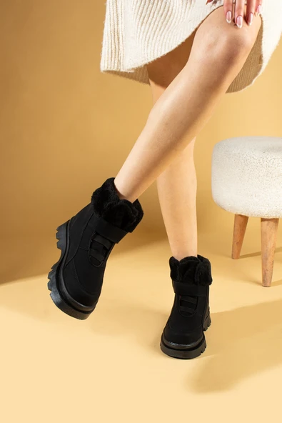 Pembe Potin Kaymaz Kalın Taban İçi Kürklü Cırtlı Çocuk Bot 011-09-23 - 11