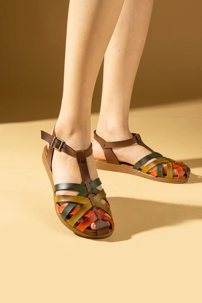 Pembe Potin Comfort Taban Tokalı Kadın Sandalet 51-825-24KahveHaki - 1