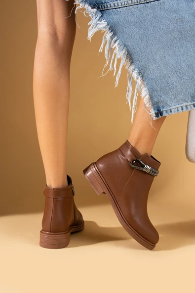 Pembe Potin Taş Aksesuarlı Fermuarlı Sıcak Astar Kadın Bot&Bootie 57-0101-23Cilt - Resim 6