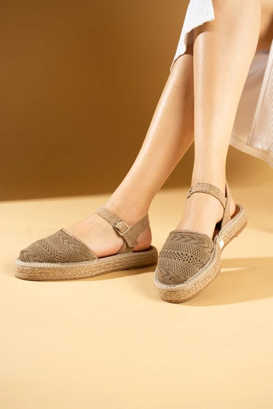 Pembe Potin Tokalı Hasır Desenli Comfort Taban Triko Kadın Sandalet 67-102-24 - Resim 8