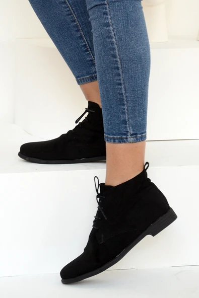 Pembe Potin Rahat Kalıp Bağcıklı Kadın Bot&Bootie 020-4070-22Süet - Resim 3