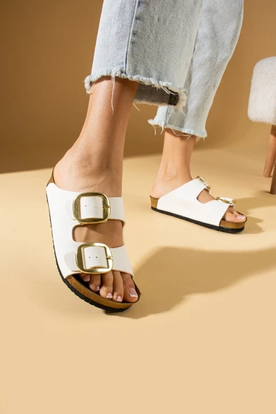 Pembe Potin Rahat Taban Çift Gold Tokalı Kadın Terlik 65-81-24 - Resim 11