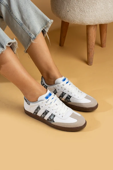 Pembe Potin Bağcıklı Comfort Taban 3 Şeritli Kadın Sneaker 001-1009-BeyazSiyahŞal - 2