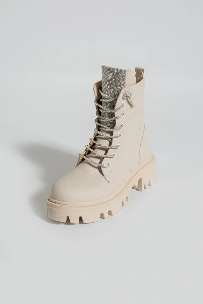 Pembe Potin Taş Detaylı Fermuar & Bağcık Sıcak Astar Kadın Bot 57-274-23 - Resim 6