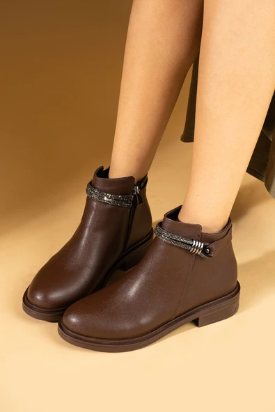 Pembe Potin Taş Aksesuarlı Fermuarlı Sıcak Astar Kadın Bot&Bootie 57-0101-23Cilt - Resim 4