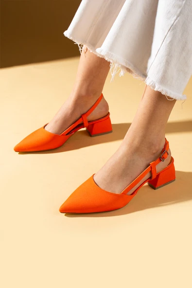 Pembe Potin Sivri Burun Saten Kumaş Slingback Kadın Topuklu Ayakkabı 87-151-25Saten - 5
