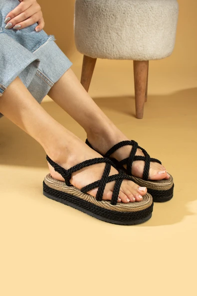 Pembe Potin Kalın Taban Çapraz Bant Hasır Kadın Sandalet 30-15-24 - Resim 9