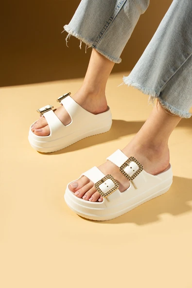 Pembe Potin Kalın Eva Taban Çift Ayarlanabilir Gold Tokalı Kadın Terlik 011-03-25 - Resim 3