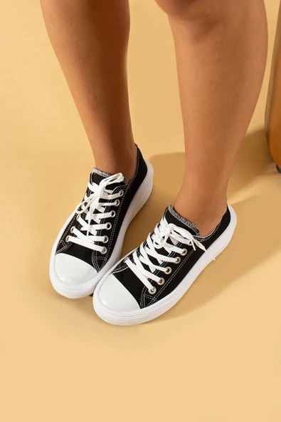 Pembe Potin Bağcıklı Kalın Taban Keten Kadın Sneaker 57-101-23 - 10