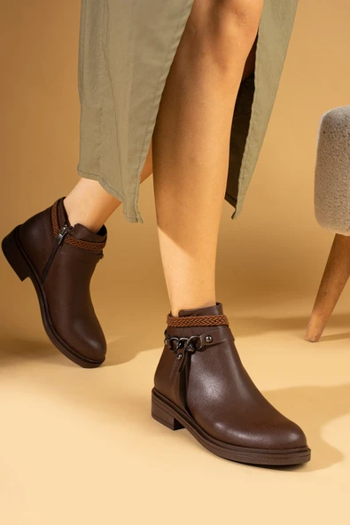 Pembe Potin Fermuarlı Zincirli Rahat Taban Kadın Bot 57-0100-23Cilt - Resim 8