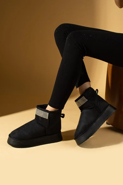 Pembe Potin Parlak Taşlı İçi Peluş Kalın Taban Mini Kadın Bot & Bootie 007-1995-23Süet - Resim 6