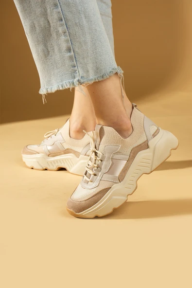 Pembe Potin Triko Desenli Bağcıklı Kalın Taban Tarz Kadın Sneaker 59-3456-24 - 10