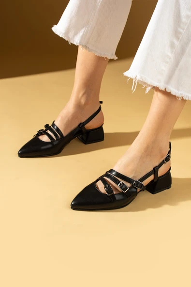 Pembe Potin Çift Toka Detaylı Arkası Açık Sivri Burun Kalın Topuklu Kadın Ayakkabı 53-54-24Cilt ürün görseli