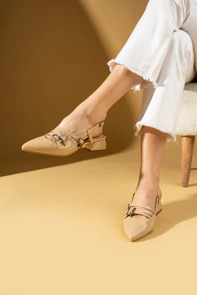 Pembe Potin Çift Toka Detaylı Arkası Açık Sivri Burun Kalın Topuklu Kadın Ayakkabı 53-54-24Rugan - Resim 12