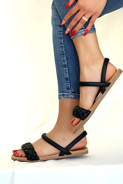 Pembe Potin Örgülü Tek Bant Rahat Taban Kadın Sandalet 41-30-22 - Resim 4