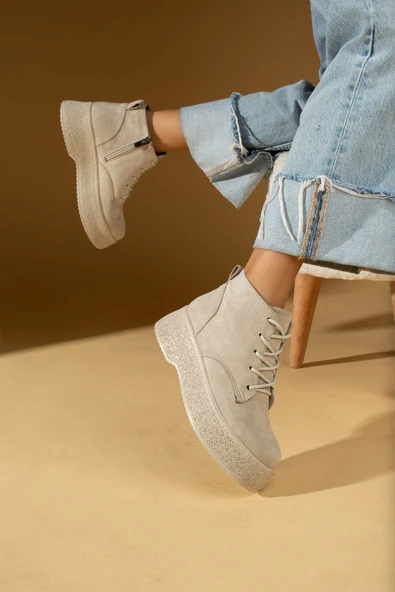 Pembe Potin Termo Kalın Taban Bağcıklı & Fermuarlı Kadın Bot 59-901-23Süet - Resim 11