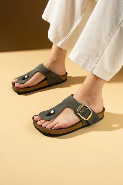 Pembe Potin Parmak Arası Gold Tokalı Rahat Taban Kadın Terlik 011-710-25Nubuk - Resim 4