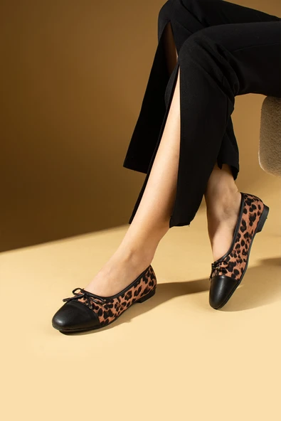 Pembe Potin Fiyonk Detaylı Rahat Kalıp Leopar Desenli Kadın Babet 57-38-25Leopar - 4
