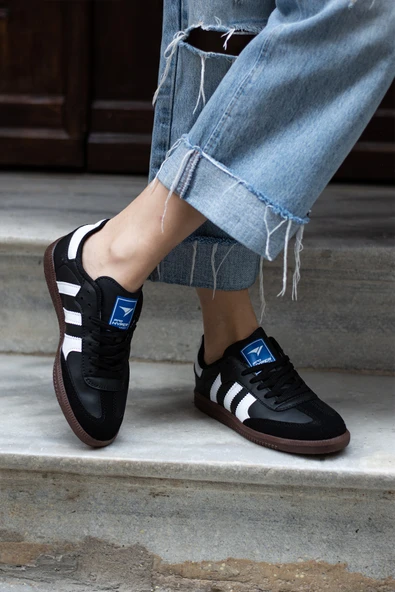 Pembe Potin Bağcıklı Comfort Taban 3 Şeritli Kadın Sneaker 001-1009-SiyahBeyaz - Resim 2