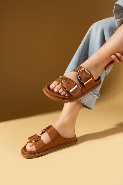 Pembe Potin Geniş Çift Gold Tokalı Rahat Kalıp Kadın Terlik 024-1001-25Cilt - Resim 11