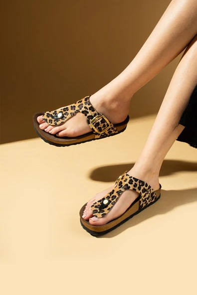 Pembe Potin Parmak Arası Gold Tokalı Rahat Taban Kadın Terlik 011-710-25Nubuk - Resim 10