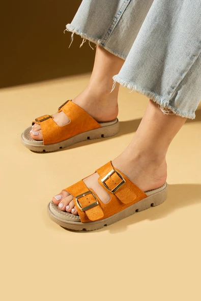 Pembe Potin Çift Ayarlanabilir Tokalı Önü Açık Kadın Terlik 020-729-25Süet - Resim 6