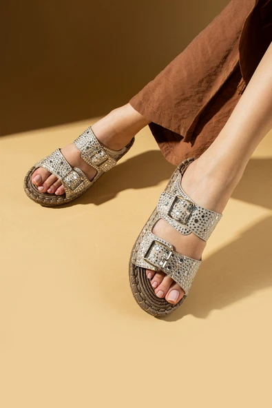 Pembe Potin Çift Tokalı Parlak Taş İşlemeli Rahat Hasır Taban Kadın Terlik 68-1023-25 - Resim 5