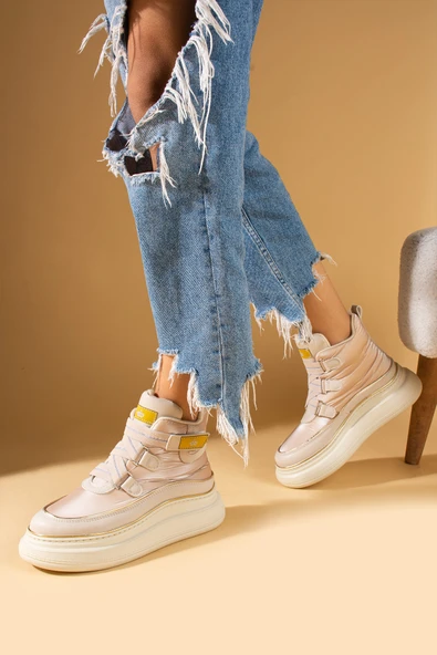 Pembe Potin Fosforlu Kumaş Detaylı Yüksek Taban Cırtlı Sneaker Kadın Bot 36-530-24