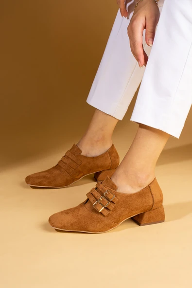 Pembe Potin Küt Burunlu 3 Tokalı Topuklu Kadın Ayakkabı 53-400-24Süet - Resim 7