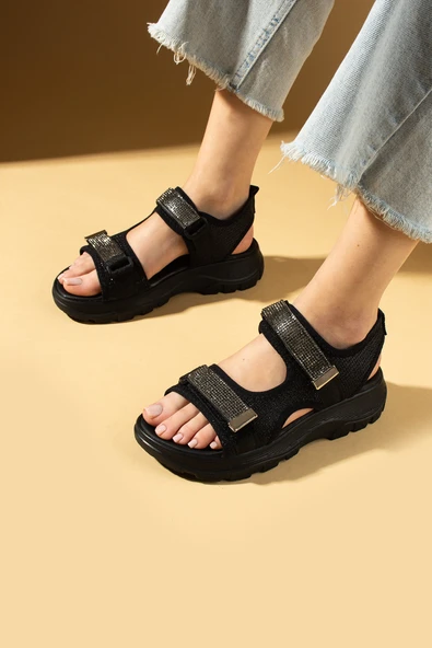 Pembe Potin Çift Cırtlı Rahat Taban Taş Detaylı Kadın Sandalet 59-15-25 - Resim 2