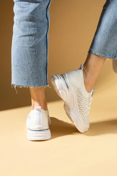 Pembe Potin Parlak Taş Detaylı Bağcıklı Triko Rahat Taban Kadın Sneakers 36-872-25 - 9