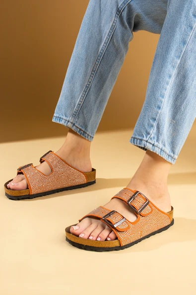 Pembe Potin Parlak Taşlı Ayarlabilir Çift Tokalı Rahat Taban Kadın Terlik 51-606-24 - Resim 4