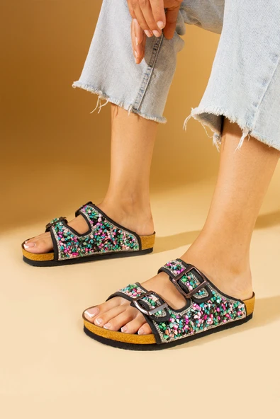 Pembe Potin Renkli Doğal Taşlı Çift Tokalı Anatomik Taban Kadın Terlik 51-605-24 ürün görseli