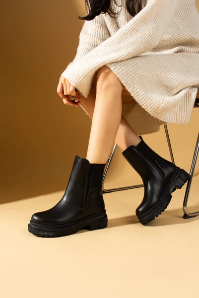 Pembe Potin Kalın Taban Sıcak Astar Lastikli Kadın Bot 008-5590-24 - Resim 4