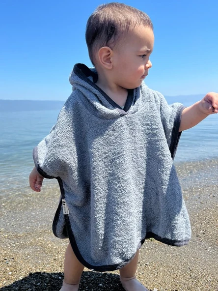 Organik %100 Pamuk Kapşonlu Plaj Çocuk Bebek Panço Bornoz Banyo Havlu Kapüşonlu