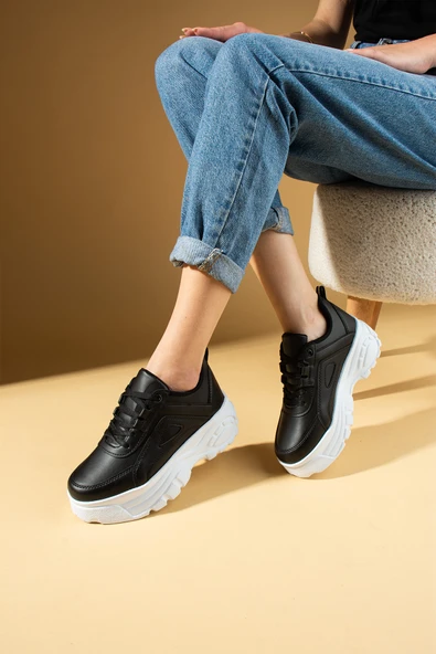 Pembe Potin Yüksek Taban Bağcıklı Kadın Sneaker 54-0142-24Byaz - 2