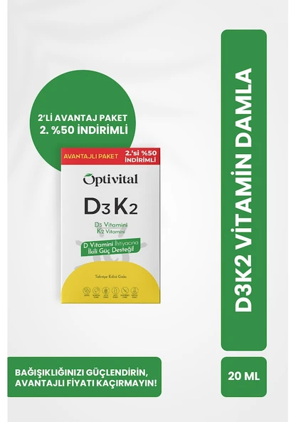 Optivital D3K2 Vitamin 20 ml Damla 2 li Avantaj Paket 2. %50 İndirimli