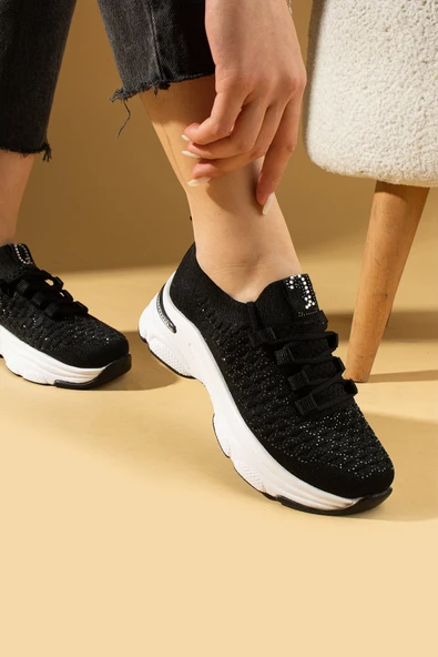 Pembe Potin Parlak Taş Detaylı Bağcıklı Triko Rahat Taban Kadın Sneakers 36-872-25 - 7