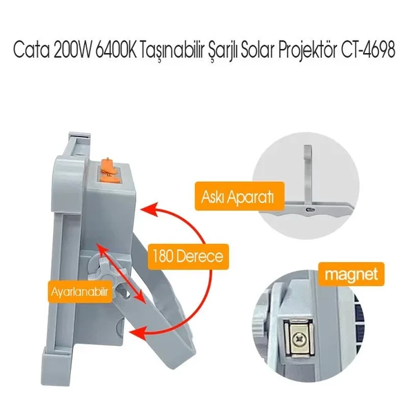 Cata CT-4698 Miami 200W Solar Projektör Güneş Enerjili, 3 Renk Modlu, Dimmerli, 336 LED’li Şarjlı Dış Mekan Aydınlatma Lambası (IP65, 7200 mAh) - 3