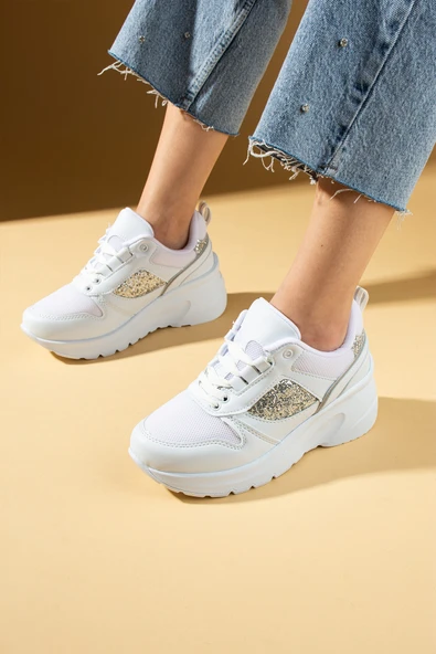 Pembe Potin Kalın Taban Bağcıklı Fileli Taş Detaylı Kadın Sneakers 89-044-25 ürün görseli