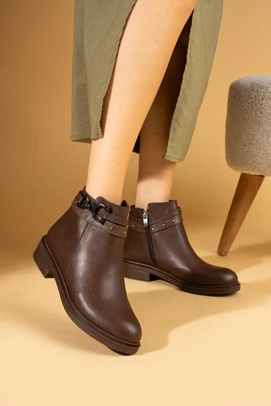 Pembe Potin Toka Ve Zımba Tedaylı Fermuarlı Sıcak Astar Kadın Bot 57-0204-24 - Resim 9