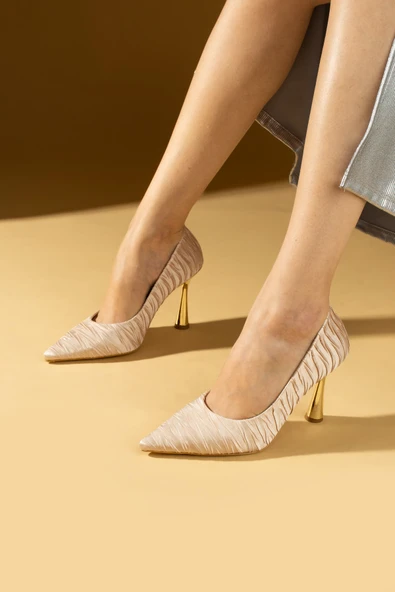 Pembe Potin Kırışık Saten Kadeh Topuklu Rahat Kalıp Kadın Topuklu Ayakkabı 017-1880-23Saten - Resim 2