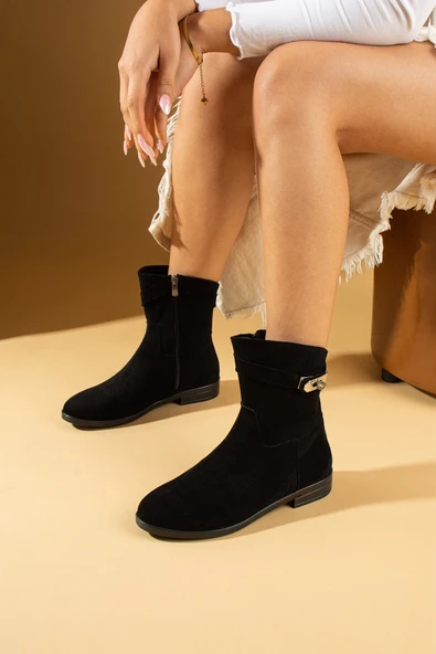 Pembe Potin Toka Detaylı Fermuarlı Oval Burun Kadın Bot 84-2409-24Süet - Resim 2