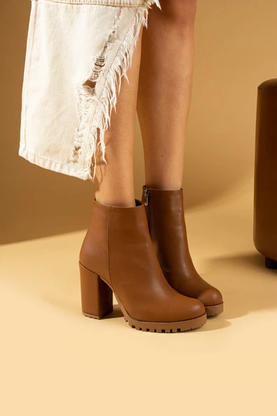 Pembe Potin Kalın Topuklu Fermuarlı Sıcak Astar Kadın Bot 51-5008-24 - Resim 3